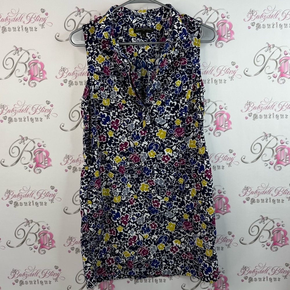 Banana Republic dress mini flowers, line, work, Navy and Yellow Floral Top